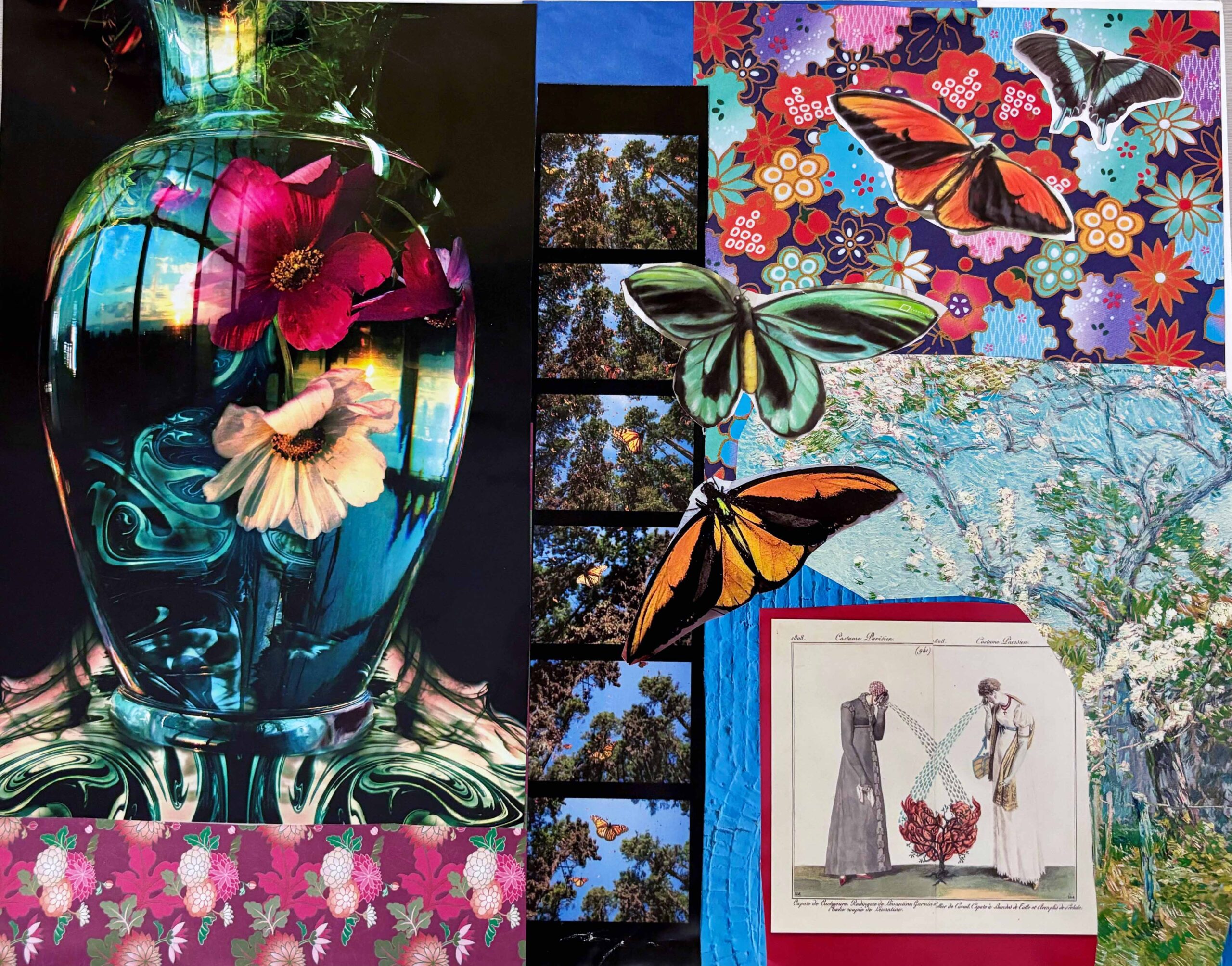 A collage image. Yo the left is a vase that is dark and reflecting the sunny skies, grass, and white and red flowers and grill windows. Below that is wall paper of flowers in pinks, reds, and whites. In the middle is a series of images, as in a film strip, of a butterfly flying against towering trees. To the right is more decorative wallpaper, an impressionist painting of a flowering tree, and an illustration of two women watering a tree with their tears. A group of butterflies across the right side of the image. They are orange, blue-green, and black.