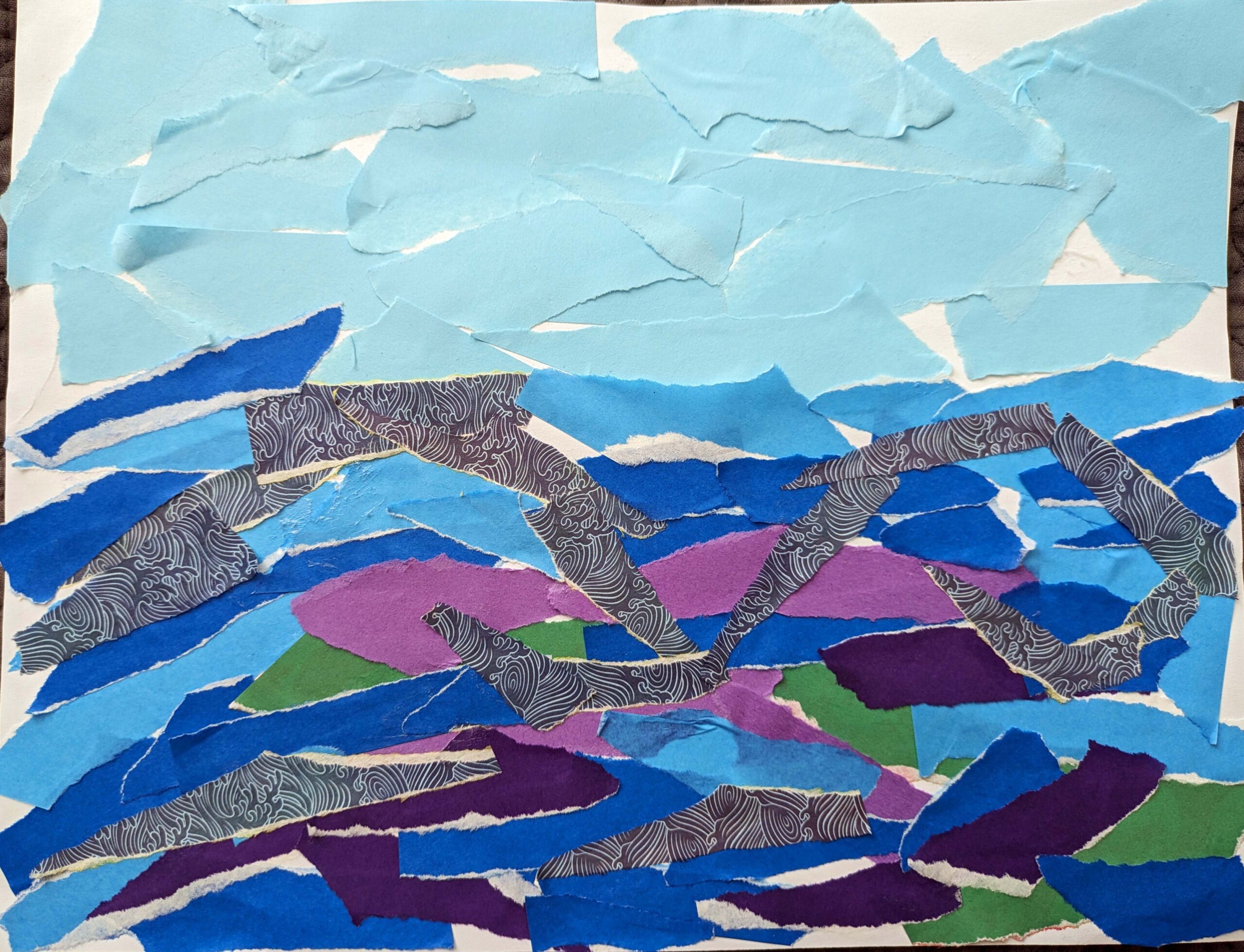 A collage made with strips of colored paper. The top third is strips representing the blue sky. Below that are strips of dark blue, purple, black and white swirls, and green.