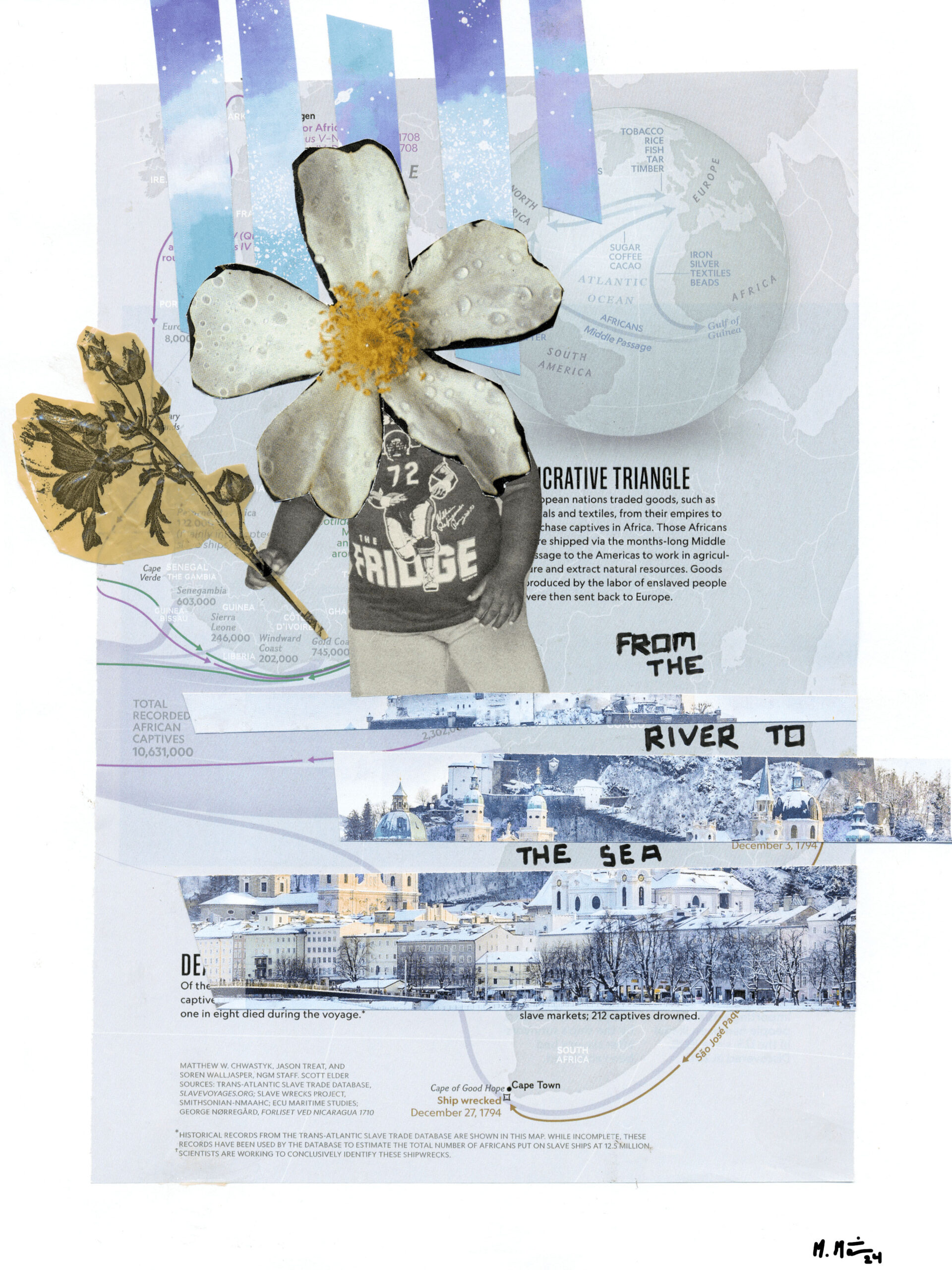 A collage image. In the background is a magazine article that has a globe on top showing the pathways of the slave trade. A few strips of blue paper with clouds and stars marks the top right of the image. Below these strips is a male figure with a five-petaled flower instead of a head, holding the stalk of a plant. Below him are strips of a photograph of a snow-capped townscape. These strips are interlaced with the words: From the River to the Sea.