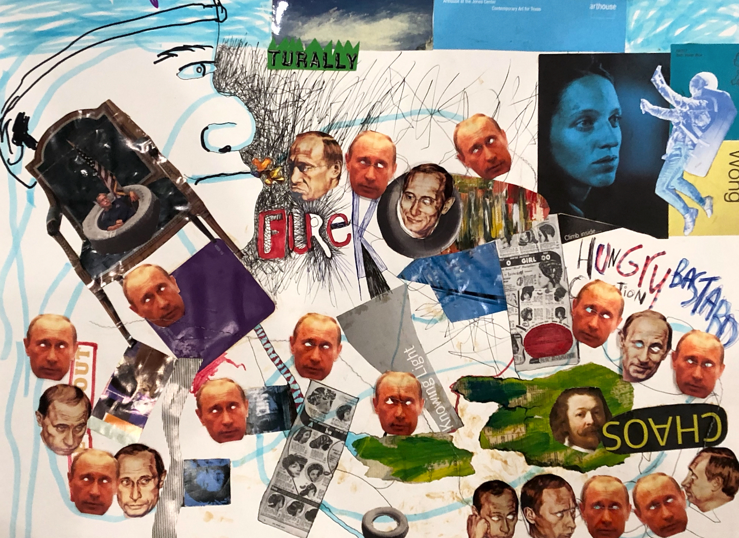 A number of Putin faces, with their eyes cut out, are scattered around the image. The word Chaos, wrong, hungry bastard, pepper the page. On the top right, a woman faces the cutout of an astronaut floating in space. On the other side of the image is the word ‘fire’ with black scribbles emerging from it. Next to it is a toilet seat, with Putin emerging from it holding an American flag. A hand-drawn face looks over the image-scape from the top left.